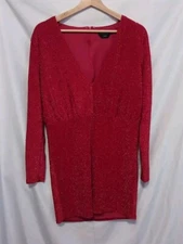 bebe Mini Dress Women Large Red Metallic Deep V-Neck Long Sleeve Zip Up