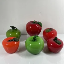 Murano Style Glass Lot 6 Apples Fruit Hand Blown Art Deco Decorative Red Green