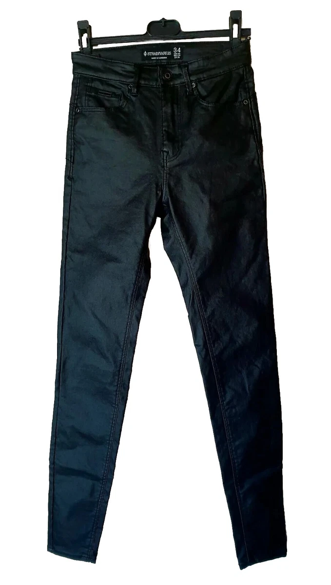 STRADIVARIUS authentiqu denim pantalon simili cuir noir femme fille 32 34 XS XXS