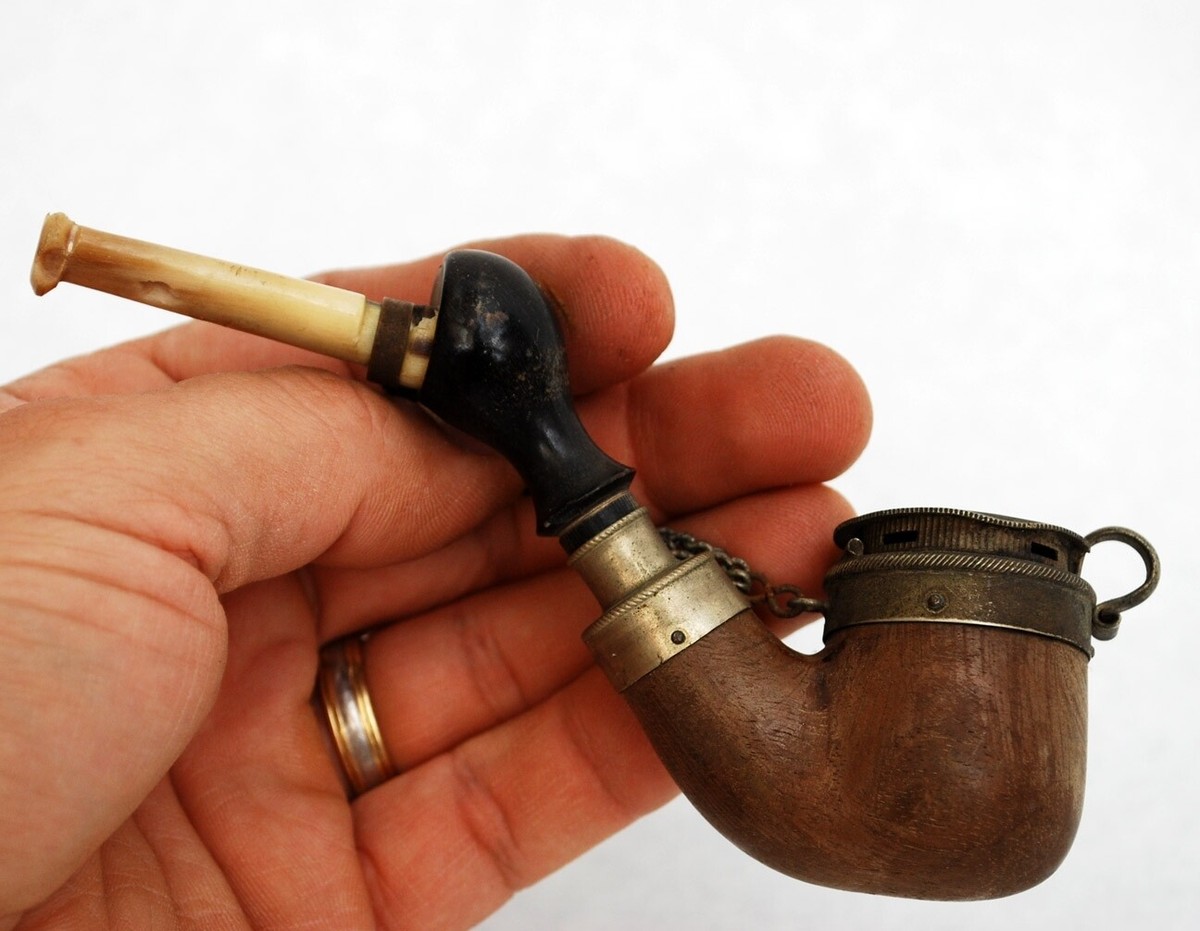 bbk tobacco & foods Vintage Antique BBK Tobacco Pipe Swiss Made Briar & Bone Hinged Lidded  Curved