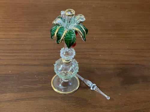 2X Mouth Blown EGYPTIAN Perfume Bottles Pyrex Glass Gold Paint Palm Shape 6.6" - Picture 9 of 10