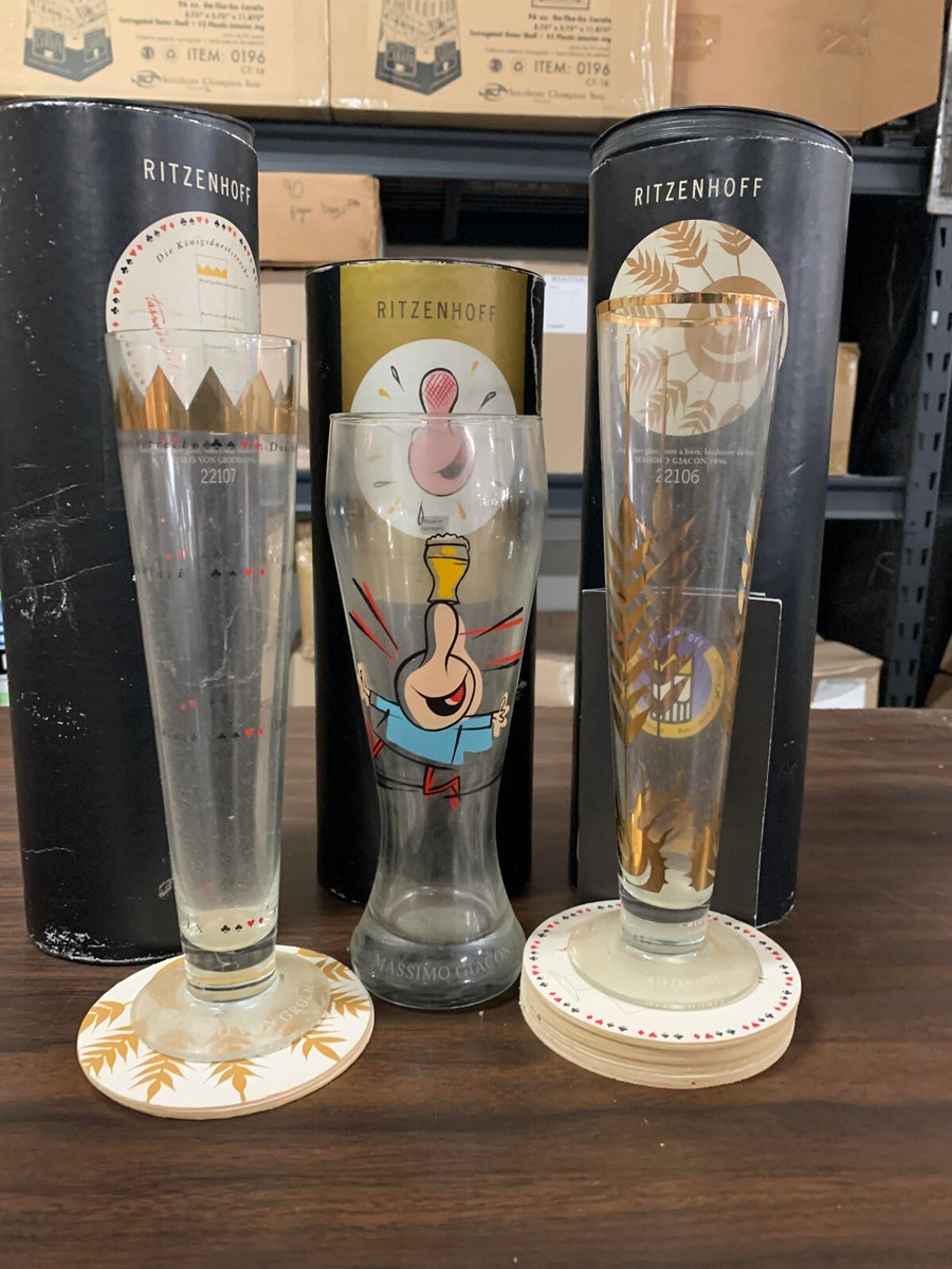 1996 Vintage artist Ritzenhoff Beer Glasses set of 3 w/ 15 coasters, Germany