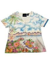 Michael Simon Cardigan Sweater Palm Tree Boats Small Tropical Beach Mountains