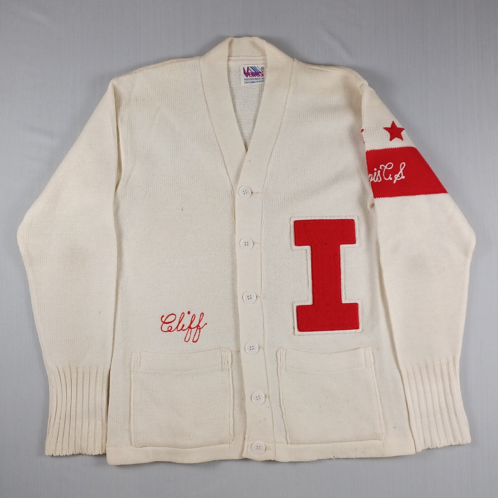 Venus Knitting Mills Varsity Sweater Mens Large 42 Cardigan White