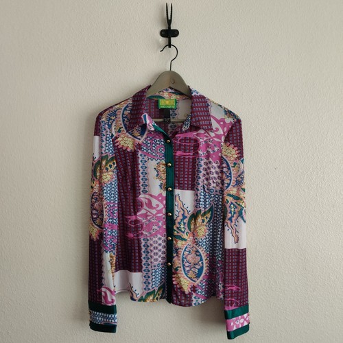 Sheer Stretchy Floral Geo Bandana Print Button Up Shirt Women Size M Long Sleeve - Picture 1 of 14