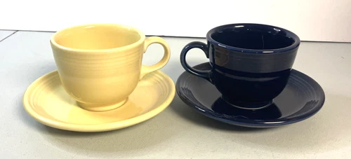 Fiestaware Light Yellow Navy Blue Cups Saucers for Coffee Homer Laughlin