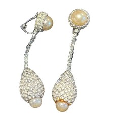 Vintage signed CINER Dazzling Rhinestone and Pearl Dangle Clip-On earrings