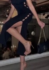 ZARA Black Side Cutout Midi Stretch Dress Size S NWT