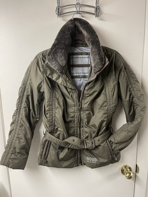 Poivre Blanc Khaki Belted Ski Jacket   Size XS   Detachable Faux Fur Collar