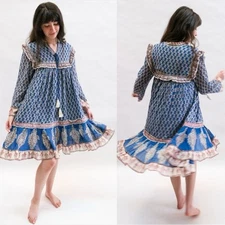 M.A.B.E Bohemian Block Print Retro 70s Gauze Madi Dress Size Small Ruffle Hippie