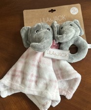 LILA JACK Gray Elephant Baby Lovey Rattle Gift Set Pink Flannel/ Plaid New
