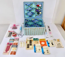 Vintage Green Dritz Wicker Sewing Basket with Notions and Accessories