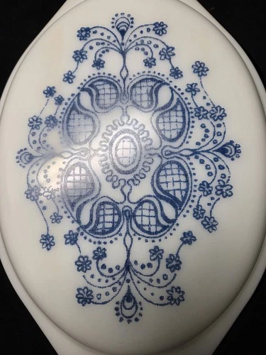 Vintage PYREX DOILY Divided Oval Casserole Bowl & Lid Set Blue & Turquoise Nice!