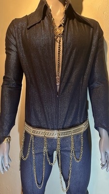 Elvis Jumpsuit In Shiny Sharkskin Denim And Gold Belt Mens Size M/L