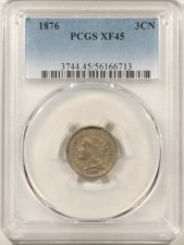 1876 THREE CENT NICKEL - PCGS XF-45, BETTER DATE!