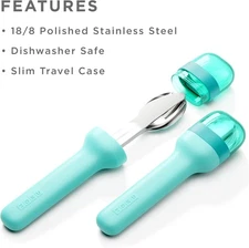 Pocket Utensil Set Teal - Stainless Steel Fork Knife and Spoon Nest in Case