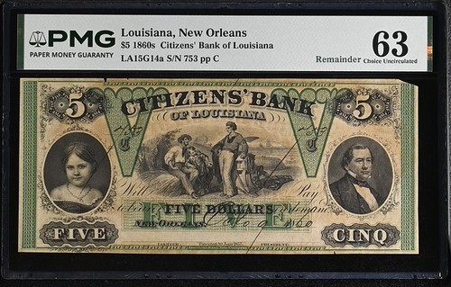 Louisiana, New Orleans $5 Obsolete Note Citizens' Bank of Louisian PMG MS63