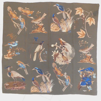 Battistoni Roma Birds in Trees Brown Silk Scarf Hand Rolled Hem 34 Inch Square