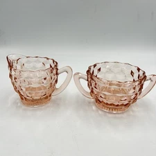 Jeannette Cubist Pink Depression Glass Creamer And Sugar Bowl Set Vintage