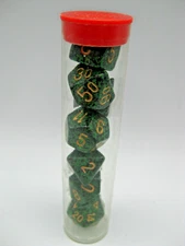 Koplow Games 7 Role-Playing Dice Set DND in Tube - Green with Gold Lettering