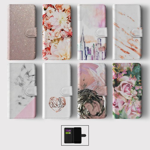 CASE FOR IPHONE 16 15 14 13 12 11 SE PRO WALLET FLIP PHONE COVER ROSE GOLD GRAY - Picture 1 of 10