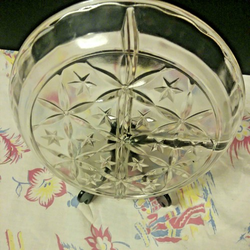 Vintage Pressed Glass 7.5" Divided Childs Lunch Plate Atomic 6Point Star Pattern - Picture 3 of 3