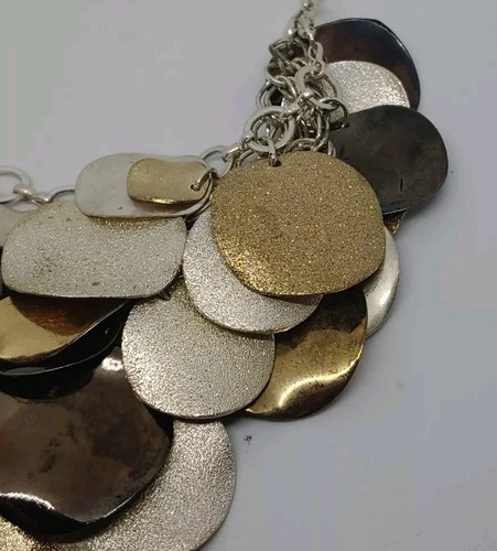 STATEMENT Bib Necklace Silver Brown Tone Glitter Coin Disk Costume Boho Classic - Picture 5 of 6