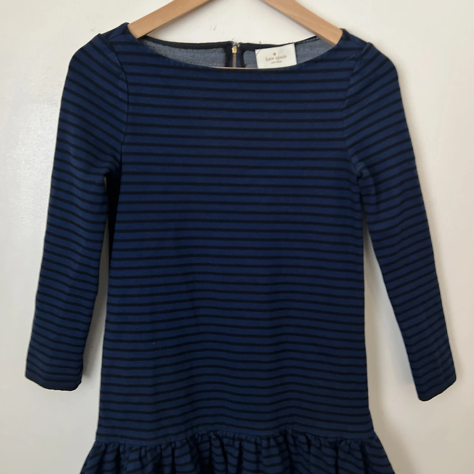 Abito Kate Spade taglia 2 donna blu nero a righe tubino orlo volant ponte peplo