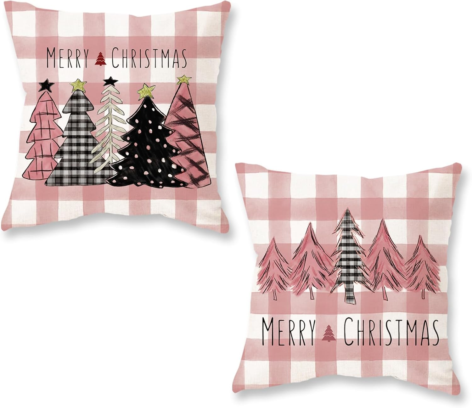 18x18 Christmas Pillow Covers Set of 2 Pink Black Trees Buffalo Plaid Cushion Covers-image