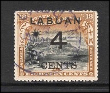 M26918 Labuan 1897 Surch 4c on 18c Black olive-Bistre Fine Used Sg 106 Cat &pound;20