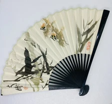 Vintage Wooden Chinese Painted Hand Fan Swallow Birds Nature Art 16” Stamped 7