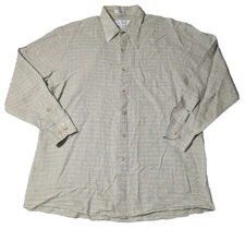 VTG PERRY ELLIS PORTFOLIO Men 16.5 32-33 Khaki LINEN BLEND Plaid Button Shirt