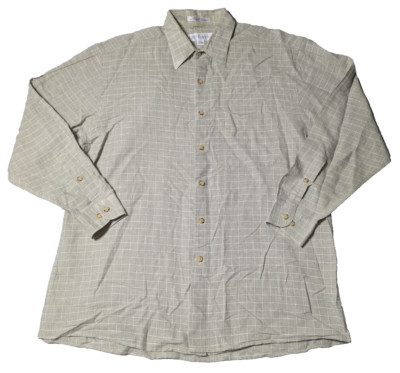 VTG PERRY ELLIS PORTFOLIO Men 16.5 32-33 Khaki LINEN BLEND Plaid Button Shirt