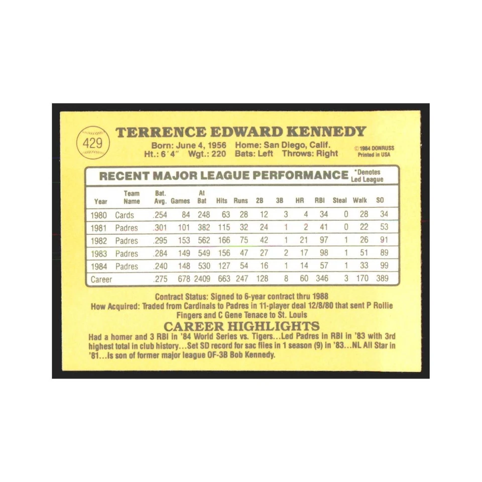 1985 Donruss Terry Kennedy Padres #429 - Image 2 of 3