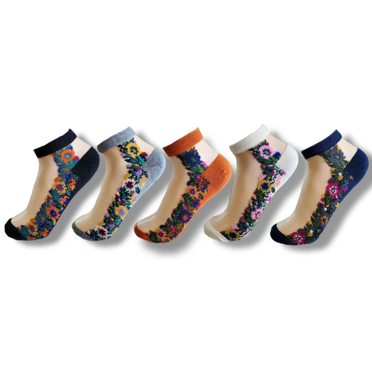 5 Pairs Floral transparent dress socks for flats Mesh Sheer