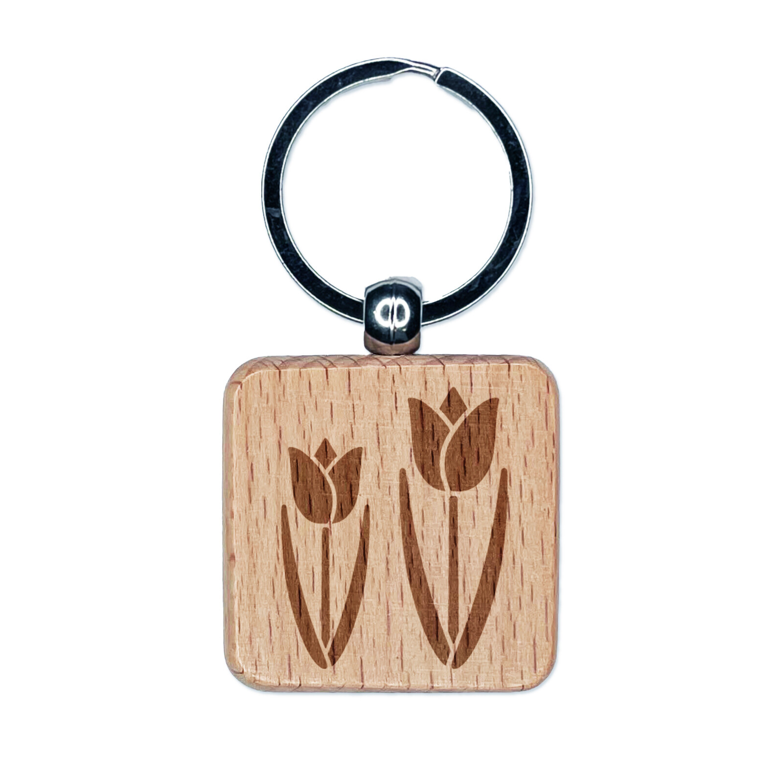Engraved Wood Square Keychain with Tulip Pair Charm  