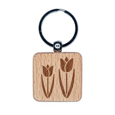 Tulip Pair Engraved Wood Square Keychain Tag Charm