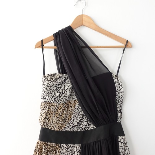 Reiss Cocktail Dress 10 Small Black Silk Asymmetric Drape Leopard Party Mini - Picture 7 of 15