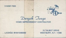 1980's 1990's Business Card Derych Tongue Home Contractor Westbury NY Vtg
