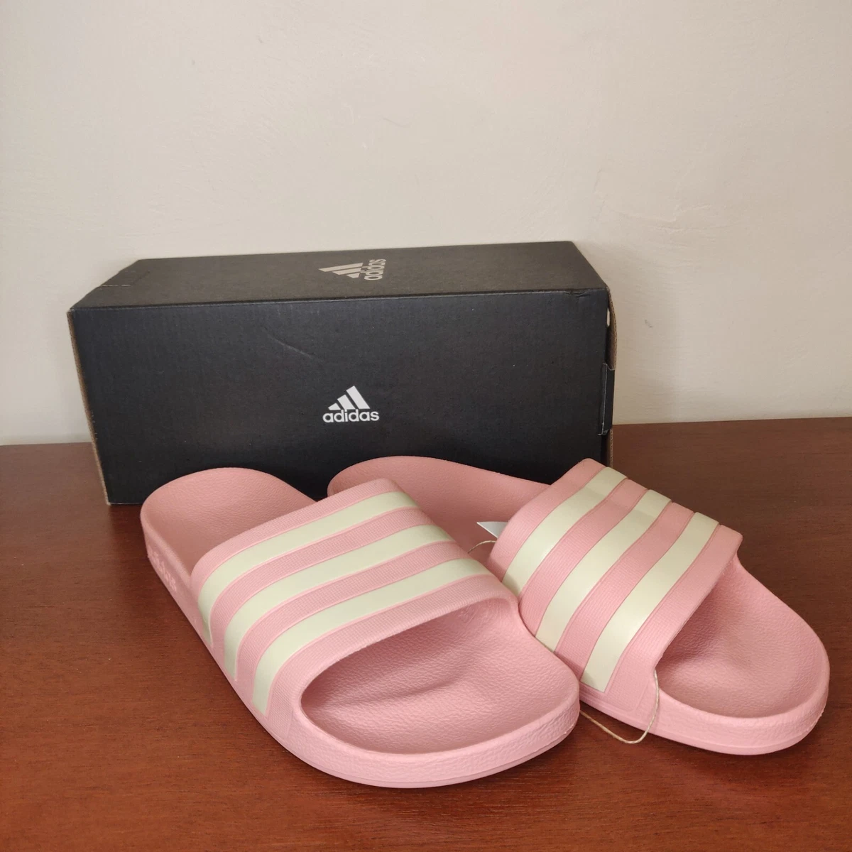 Adidas New Women Slides Adilette Aqua Size 9 Pink White Stripe Slip on Sandals F