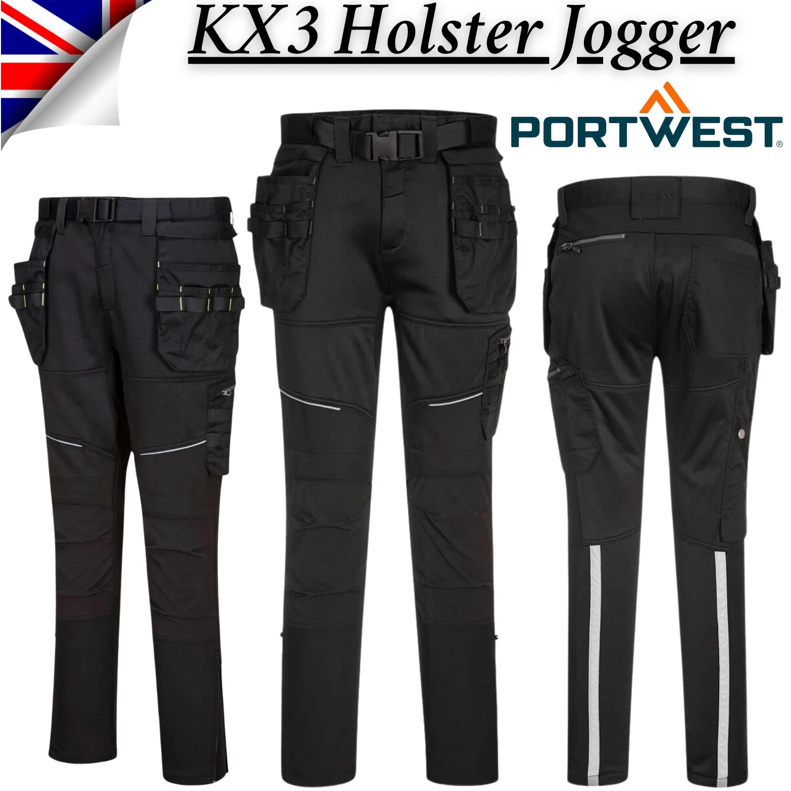 PORTWEST KX3 Slim Fit Holster Jogger Trousers Knee-Pad Pockets Safety Work Pant