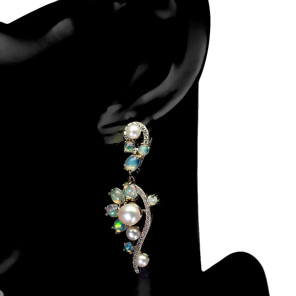 925 Sterling Silver Earrings Oval Fire Opal Pearl Natural Gemstone Jewelry - Image 2 of 4