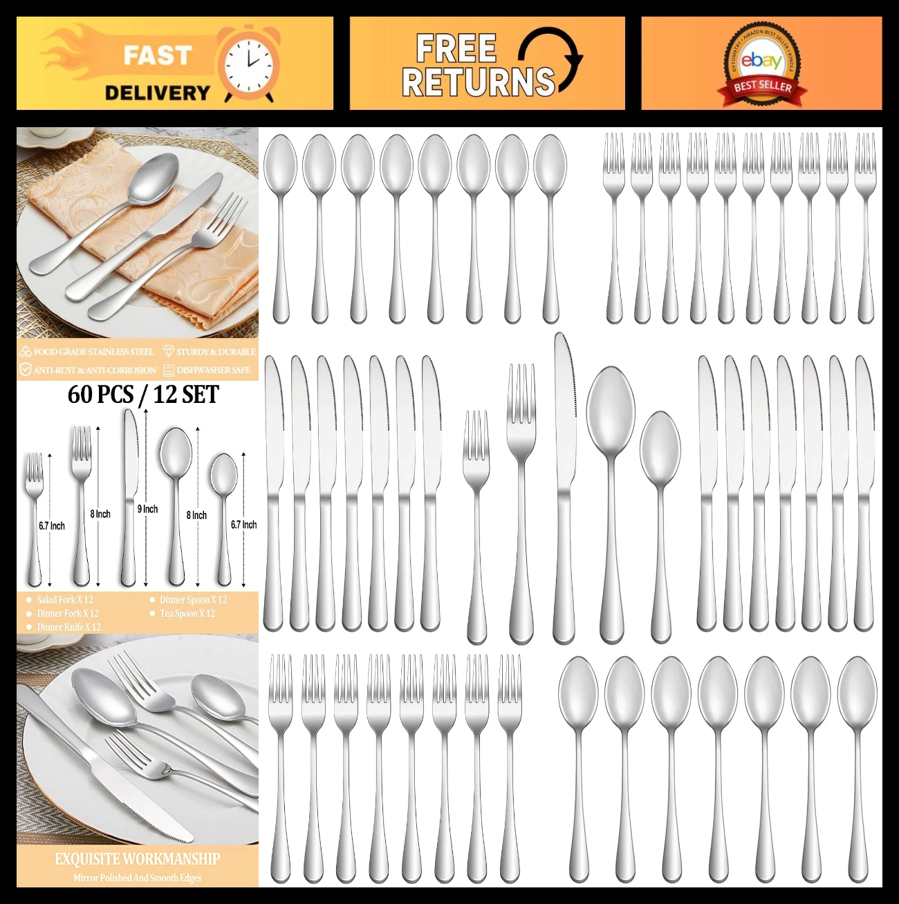60-Piece Stainless Steel Silverware Set for 12, Mirror Polished Cutlery, Durable