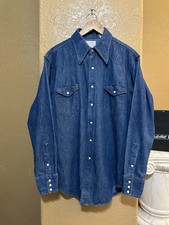 Vintage 60s Wrangler Western Pearl Snap X-Long Tail Shirt Mens L Blue Denim USA