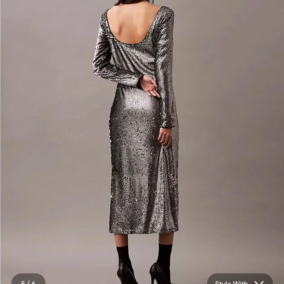 Calvin Klein Silver Sequin Long Sleeve Midi Dress Size SMALL NYE cocktail party - Image 2 of 4