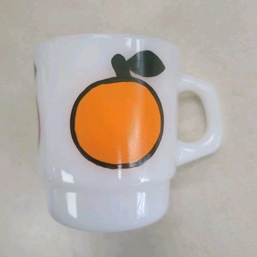 Orange Fruit Anchor Hocking Fire King Coffee Cup White Milk Glass