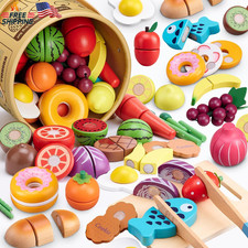 45 Pcs Wooden Play Food Set Kids Kitchen Pretend Cutting Fruit Veggie Toys