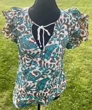 House of Harlow 1960 Women's Teal Bohemian Boho Cotton Print Top Sz  Medium