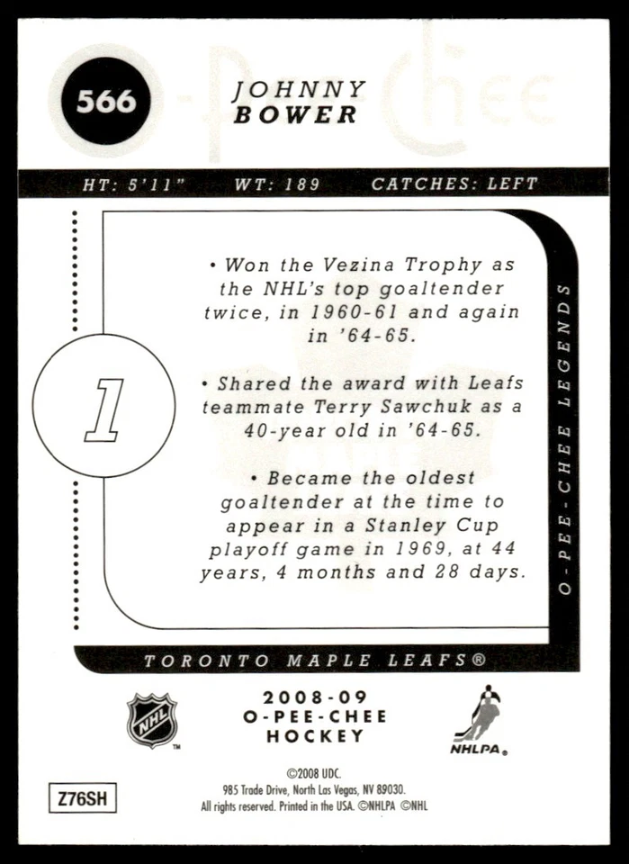 2008-09 O-Pee-Chee Gold LEGENDS Johnny Bower Toronto Maple Leafs #566 - Image 2 of 2