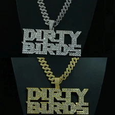 HipHop Iced DIRTY BIRDS Letter Pendant Necklace Crystal CZ Chain Fashion Jewelry